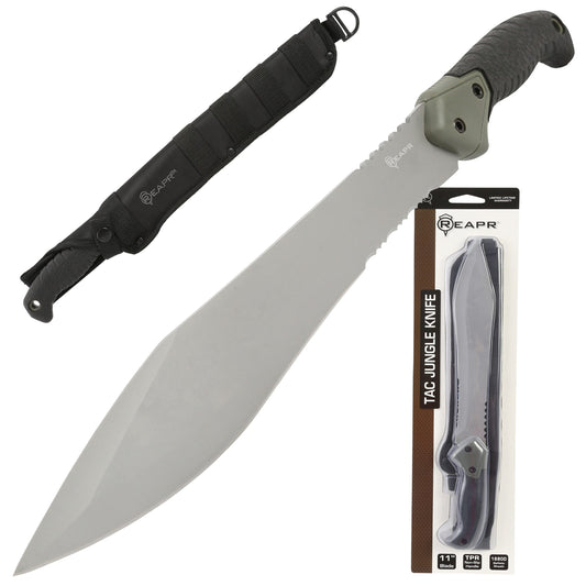 The Reapr TAC Jungle Knife is a cool 17 inches of sharp steel that doubles as an all-round camping machete and survival knife in one. With an ultra-sharp modified drop point blade designed for versatility, and a partially serrated blade, most any challenge that comes your way can be handled with ease. www.defenceqstore.com.au
