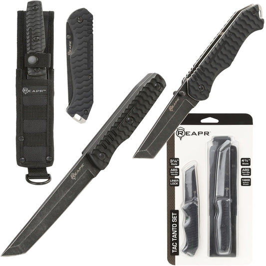 The REAPR 11008 TAC Knife Tanto Set includes a 4-3/4” fixed blade knife and a 3 1/4” folder. The durable points and sharp cutting edges of both knives make this set a must-have for camping, hunting and everyday use and should be a key part of any survival kit. Tanto knives feature a strong point, making them perfect for puncturing hard materials, without the points chipping or becoming damaged. www.defenceqstore.com.au