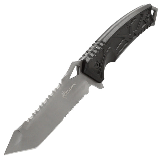 This serrated full tang knife is the ideal camping and hunting companion. The REAPR 11011 Javelin Fixed Blade Knife features a spiked window glass breaker and a sawed-back dual edge serrated camping knife for cutting twigs and twine and branches. www.defenceqstore.com.au