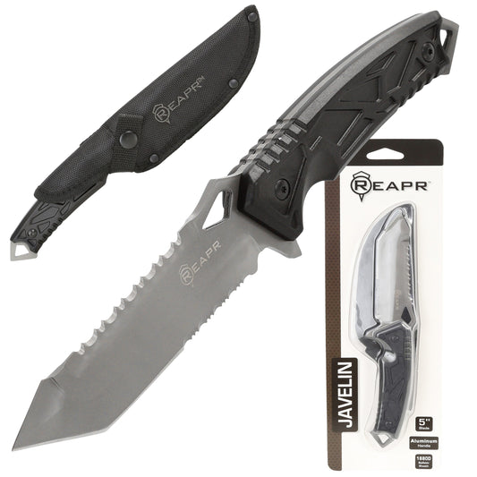 This serrated full tang knife is the ideal camping and hunting companion. The REAPR 11011 Javelin Fixed Blade Knife features a spiked window glass breaker and a sawed-back dual edge serrated camping knife for cutting twigs and twine and branches. www.defenceqstore.com.au