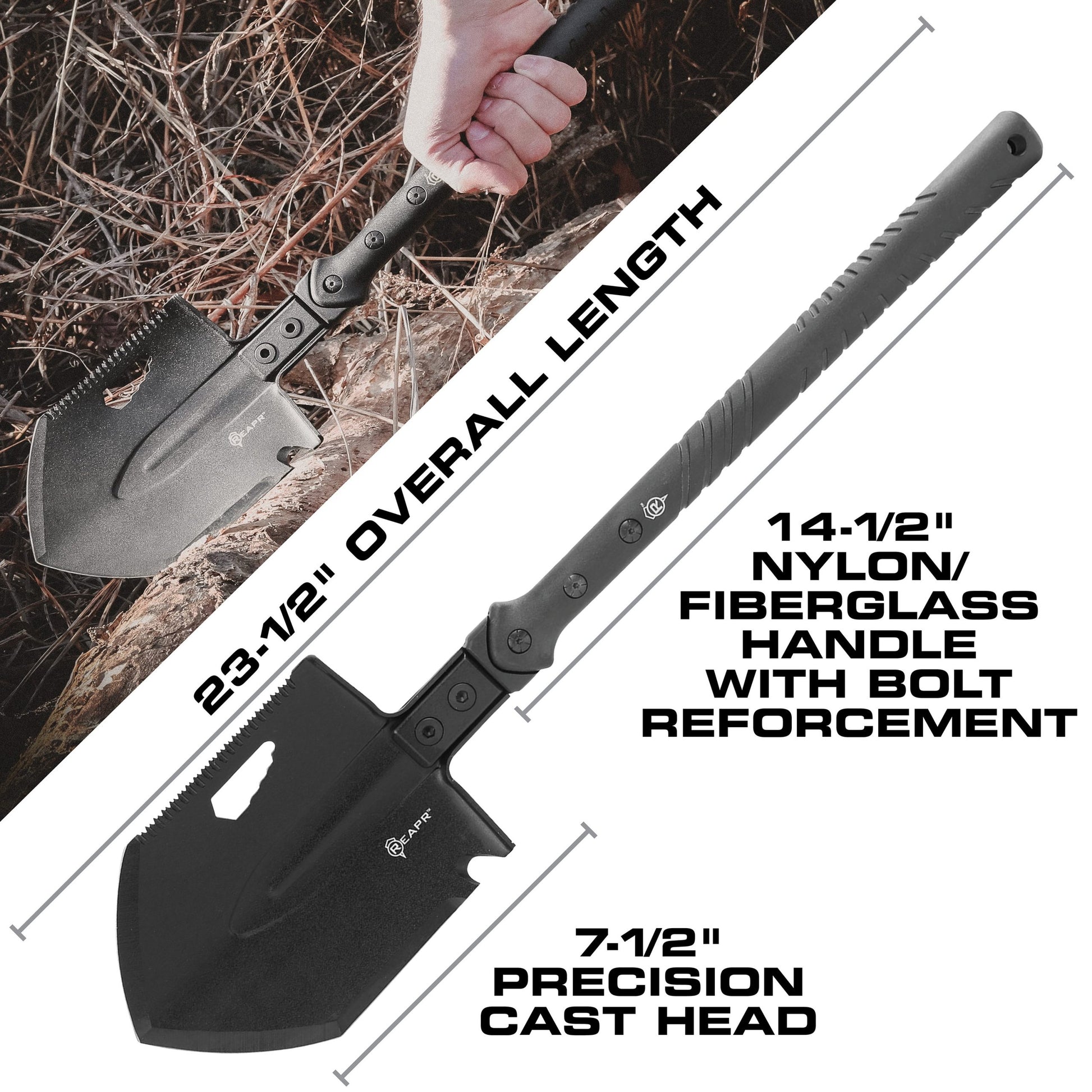 The REAPR 11021 TAC Survival Shovel is the ultimate survival tool shovel. This compact, space saving tool, features a 7 1/2″ stainless steel precision cast head (with a powder coat wrinkle finish) combining a saw edge, ripper, chopping edge and wrenches. www.defenceqstore.com.au