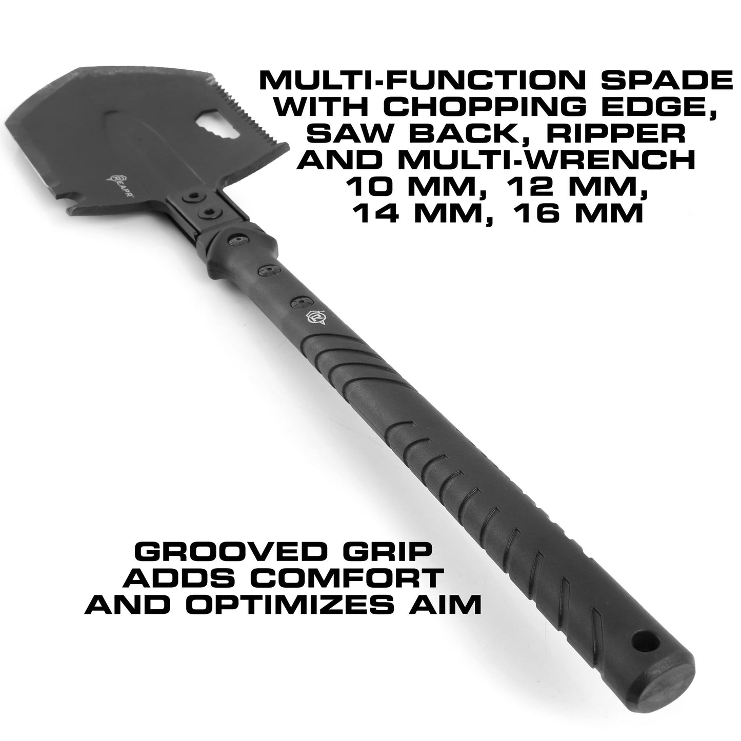 The REAPR 11021 TAC Survival Shovel is the ultimate survival tool shovel. This compact, space saving tool, features a 7 1/2″ stainless steel precision cast head (with a powder coat wrinkle finish) combining a saw edge, ripper, chopping edge and wrenches. www.defenceqstore.com.au