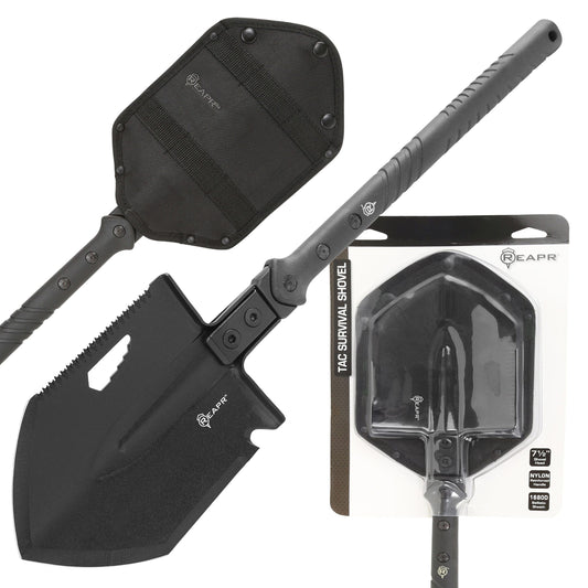 The REAPR 11021 TAC Survival Shovel is the ultimate survival tool shovel. This compact, space saving tool, features a 7 1/2″ stainless steel precision cast head (with a powder coat wrinkle finish) combining a saw edge, ripper, chopping edge and wrenches. www.defenceqstore.com.au