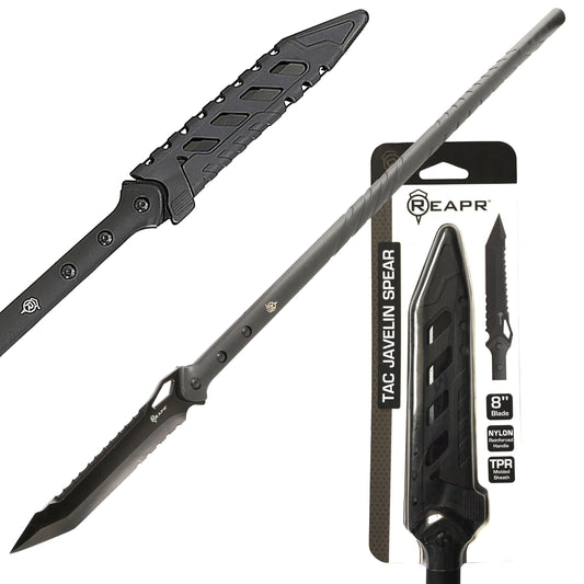 The outstanding REAPR 11022 TAC Javelin Serrated Spear cuts, chops, saws, and thrusts efficiently and effectively, giving you a javelin spear that functions equally as well as a utility tool. www.defenceqstore.com.au