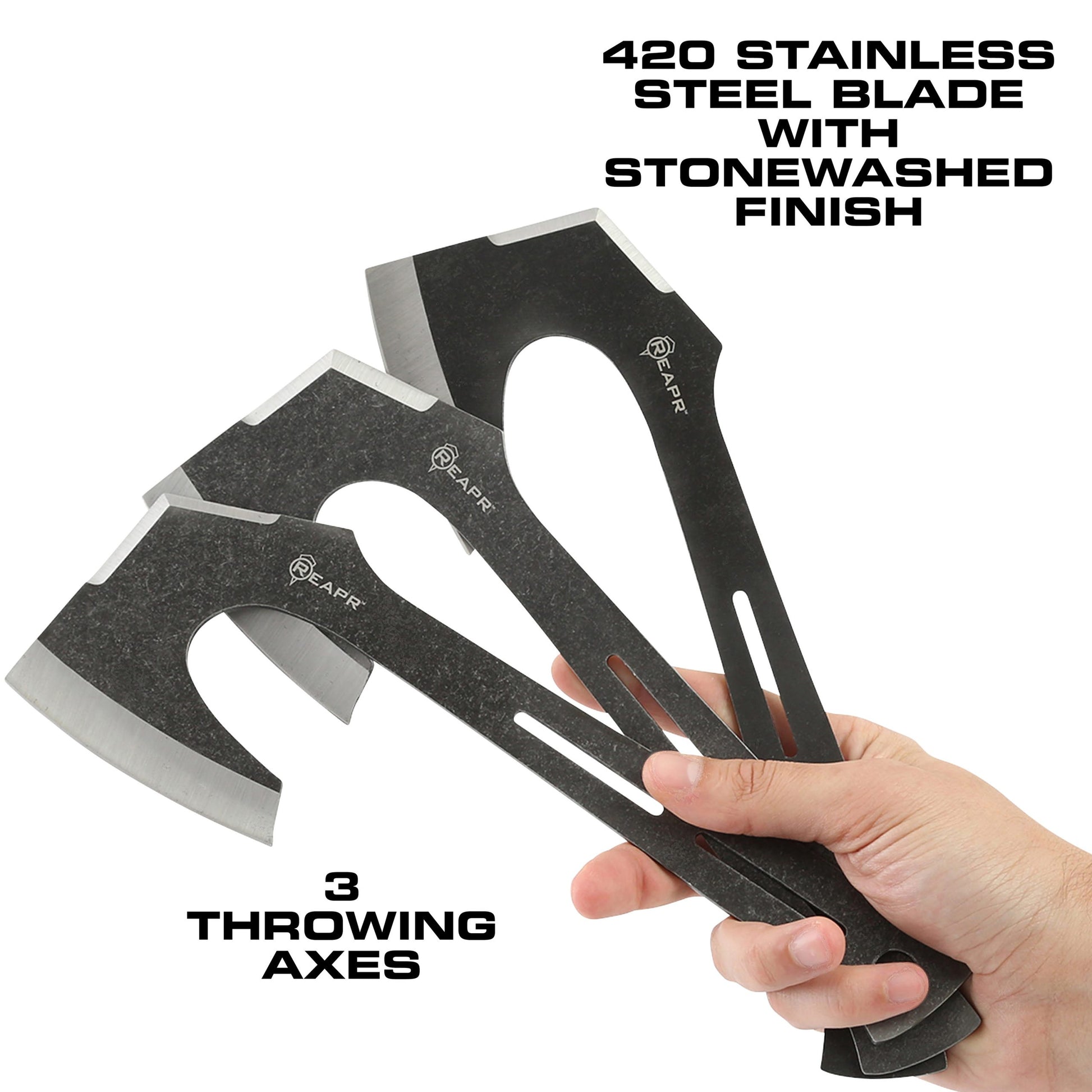 Find your perfect set of throwers in the Chuk 3 Piece Axe Set. Lightweight and ready to fly, the 3-5/8” stonewashed finished blade is perfectly balanced. These Axes are a great recreational tool for camping, parties, barbecues and more. www.defenceqstore.com.au