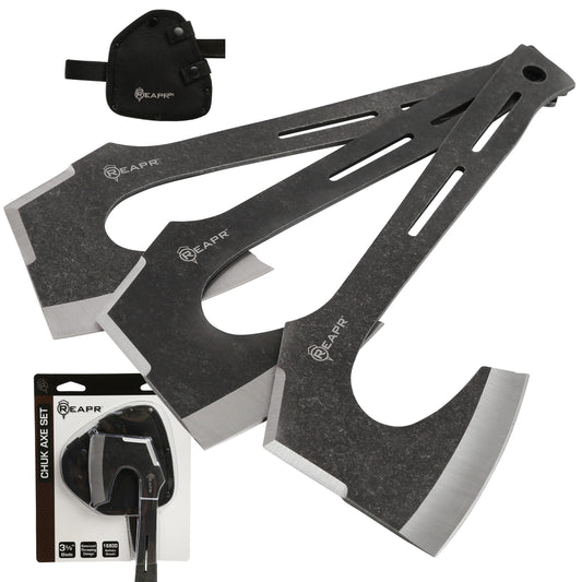 Find your perfect set of throwers in the Chuk 3 Piece Axe Set. Lightweight and ready to fly, the 3-5/8” stonewashed finished blade is perfectly balanced. These Axes are a great recreational tool for camping, parties, barbecues and more. www.defenceqstore.com.au