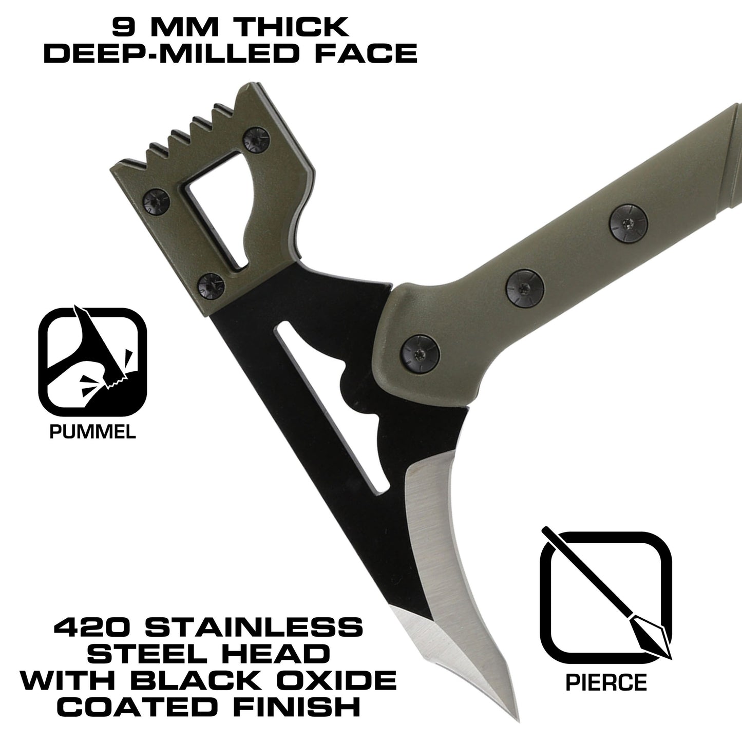 Channel your inner warrior with the superbly crafted Reapr Battle Hammer. The head features a destructive deep-milled hammer face that will demolish and pummel with ferocious efficiency as well as a sharp spiked blade for extreme piercing. www.defenceqstore.com.au