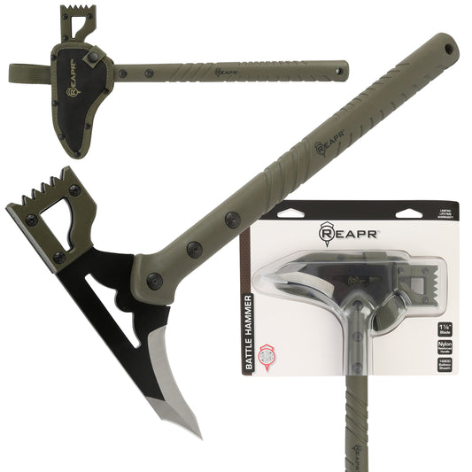 Channel your inner warrior with the superbly crafted Reapr Battle Hammer. The head features a destructive deep-milled hammer face that will demolish and pummel with ferocious efficiency as well as a sharp spiked blade for extreme piercing. www.defenceqstore.com.au