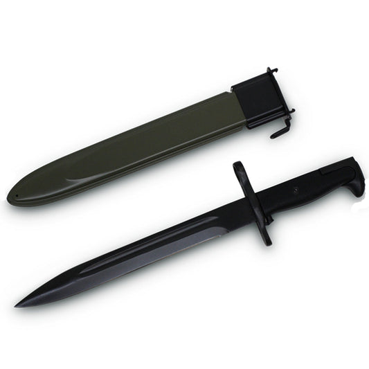This EXQUISITE REPLICA BAYONET has a 25.5cm steel blade featuring a stylish plastic grip. It has been selectively shortened from its original size to achieve a more stylish look. Its accompanying scabbard is made of high-grade spring steel plates, providing an ultra-secure fit for the blade. Steel blade, plastic grip, and spring steel plates: chic style with ultimate security. www.defenceqstore.com.au