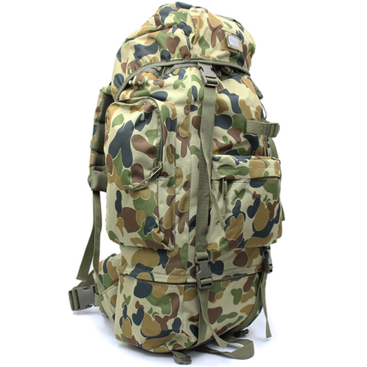 Large backpack with many pockets and lots of support, entails a built-in raincoat for the bag, waist support band with pockets and padding, completely adjustable bag with extra padding to protect back. Many pockets zip shut with buckle clips to secure everything. This bag will fit anything needed for your bushwalks, hunting, camping etc. military inspired multi-purpose backpack. www.defenceqstore.com.au