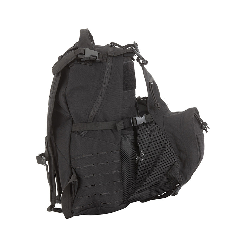 The front pockets are also very handy with the top pocket being able to accommodate your ID or wallet and the lower compartment for adding extra rations or ammo depending on the length of your mission. With laser cut grids on the sides of the pack you can easily add more pouches for extended length in the field. Add your favourite patches with loops on the front bottom pocket or above the helmet carrier. www.defenceqstore.com.au