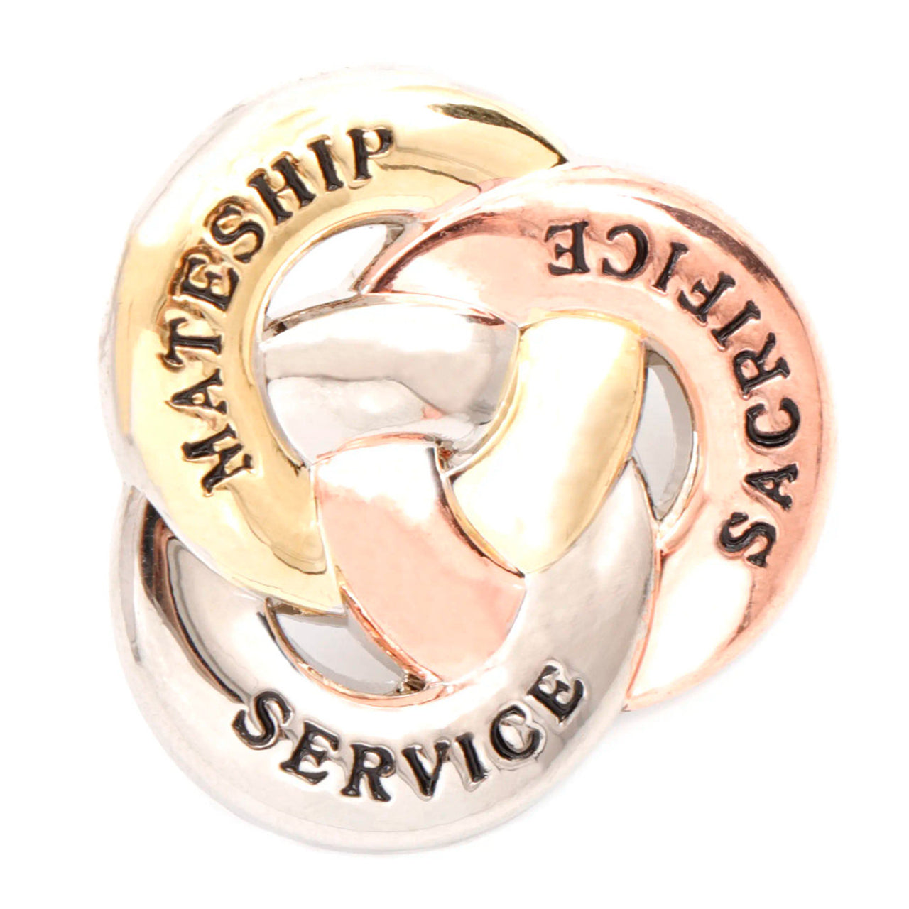 Crafted with meticulous attention to detail, this lapel pin features three interlocked rings made of zinc alloy, each with a unique message. One ring in copper is engraved with "Sacrifice", another in silver with "Service", and the third in gold with "Mateship". Together, they symbolize the unwavering values that Australian soldiers hold dear. www.defenceqstore.com.au