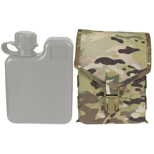 Made to fit U.S made 1L rectangle water bottles. Nylon construction and available in genuine licensed Multicam out of the USA. Heavy duty YKK buckle closure with MOLLE attachment (requiring 3 columns and 2 rows). Perfect for mounting to backpacks or wider belt rigs. www.defenceqstore.com.au