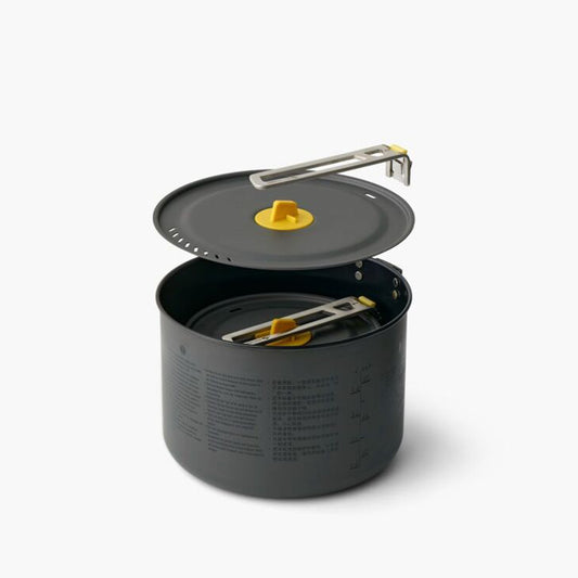 The Frontier Ultralight Two Pot Set includes a compact 1.3L and generously-sized 3L pot made of high quality hard-anodised aluminium alloy for durability and efficient heat transfer. Elevate your cooking experience with a ceramic non-stick coating, clever strainer holes in the pot lid, and a Lid Keep that allows you to clip the lid to the side of the pot to free up a hand for stirring or seasoning. www.defenceqstore.com.au