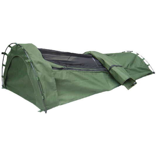 Enjoy a restful sleep, even with the insects buzzing nearby! This vertical end twin hoop Savannah Swag with 50mm mattress, crafted from 100% waterproof 12 oz cotton canvas, opens to 210 cm by 85 cm and features a zip open fly mesh cover to keep mozzies at bay. A second entrance is accessible from the zip open end. Comes with pegs and cords in a lively olive hue. www.defenceqstore.com.au