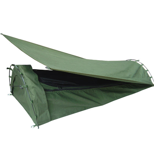 Enjoy a restful sleep, even with the insects buzzing nearby! This vertical end twin hoop Savannah Swag with 50mm mattress, crafted from 100% waterproof 12 oz cotton canvas, opens to 210 cm by 85 cm and features a zip open fly mesh cover to keep mozzies at bay. A second entrance is accessible from the zip open end. Comes with pegs and cords in a lively olive hue. www.defenceqstore.com.au