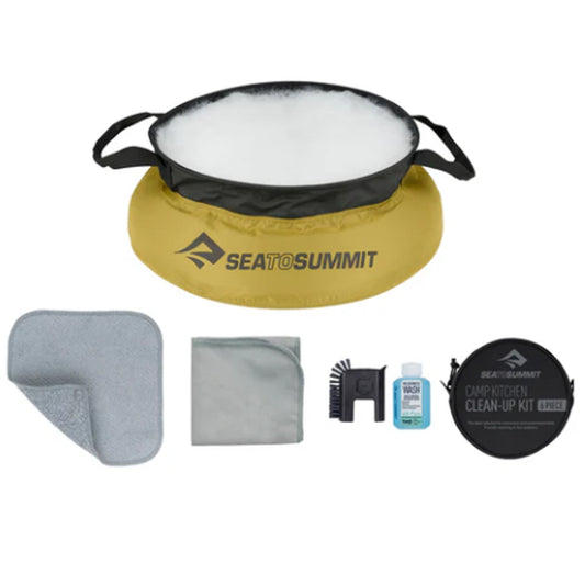 Take care of the after-dinner clean-up at camp with the Camp Kitchen Clean-Up Kit. Includes a palm-sized Pot Scrubber, 50ml Wilderness Wash, 10L Kitchen Sink, double-sided Washcloth and DryLite Dish Towel—all packed away in a convenient carry case. www.defenceqstore.com.au