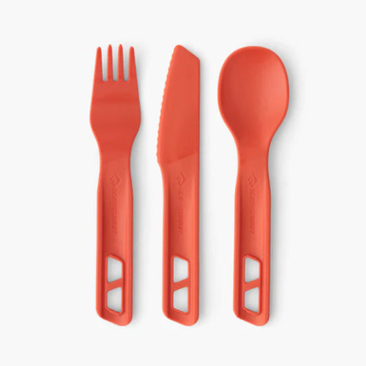 Light, strong and functional, the Passage Cutlery Set features an ergonomic Knife, Fork and Spoon. The handles can be snapped together for transport; or two handles can be connected in opposite directions to create a long spork or spoon. Built of EU food-grade fibreglass-reinforced polypropylene, Passage Cutlery is designed to fit into our Frontier cookware. www.defenceqstore.com.au