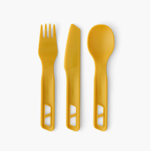 Light, strong and functional, the Passage Cutlery Set features an ergonomic Knife, Fork and Spoon. The handles can be snapped together for transport; or two handles can be connected in opposite directions to create a long spork or spoon. Built of EU food-grade fibreglass-reinforced polypropylene, Passage Cutlery is designed to fit into our Frontier cookware. www.defenceqstore.com.au