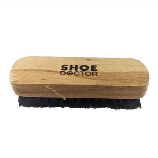 Shoe Doctor Shoe Brush with Black Animal Bristles. Black coloured bristles suited to any colour polish. Varnished and made from Beech Timber. This brush contains dense tufts of natural fibre bristles to provide maximum buffing! Size: 123mm x 40mm x 37mm. www.defenceqstore.com.au