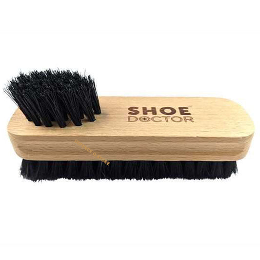 Shoe Doctor Shoe Brush Twin Tufted with Natural Animal Bristles. Twin tufted apply one side polish with the other. Black coloured bristles suited to black polish. Varnished and made from Beech Timber. This brush contains dense tufts of natural fibre bristles to provide maximum buffing! www.defenceqstore.com.au