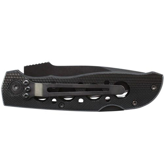 This Smith & Wesson® Extreme Ops Liner Lock Drop Point Folding Knife features a black stainless-steel blade with nail pull and jimping and a black textured aluminum handle. The knife includes a pocket clip. www.defenceqstore.com.au