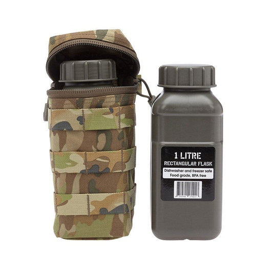 The Tactical 1 Litre Flask Pouch can accommodate the most 1 Litre flask or the Nalgene one litre wide mouth water bottle. The horizontal wrap around zip opening allows the user to easily access and stow their water bottle. www.defenceqstore.com.au