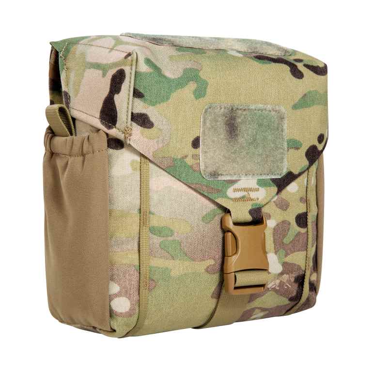 Accessory pouch for canteen and cutlery with MOLLE reverse system. The TT Canteen Pouch MKIII MC has two elastic side pockets and MOLLE hook-and-loop as well as elastic loops on the inside to secure a canteen and cutlery. www.defenceqstore.com.au