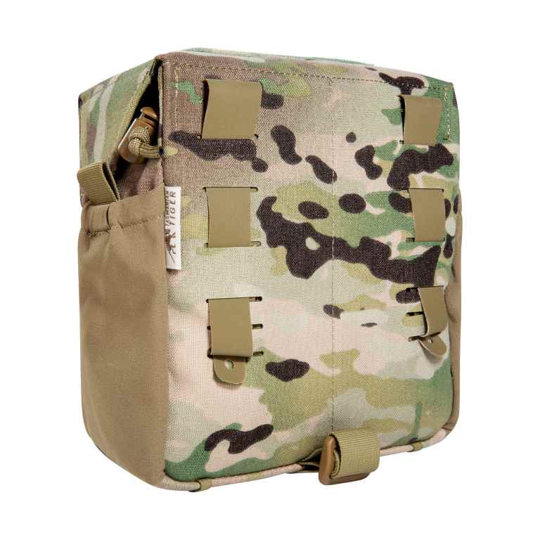 Accessory pouch for canteen and cutlery with MOLLE reverse system. The TT Canteen Pouch MKIII MC has two elastic side pockets and MOLLE hook-and-loop as well as elastic loops on the inside to secure a canteen and cutlery. www.defenceqstore.com.au