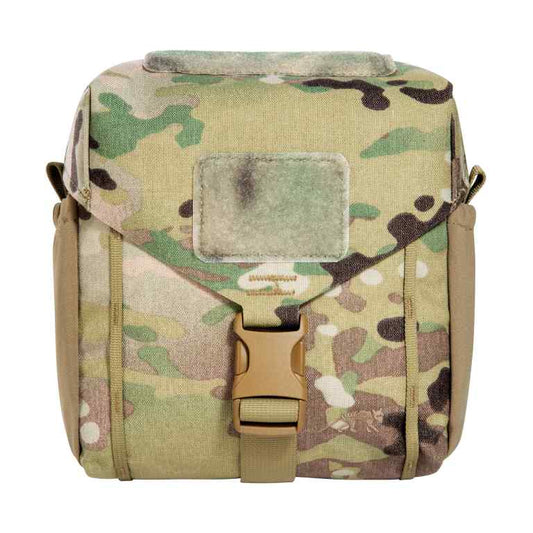 Accessory pouch for canteen and cutlery with MOLLE reverse system. The TT Canteen Pouch MKIII MC has two elastic side pockets and MOLLE hook-and-loop as well as elastic loops on the inside to secure a canteen and cutlery. www.defenceqstore.com.au