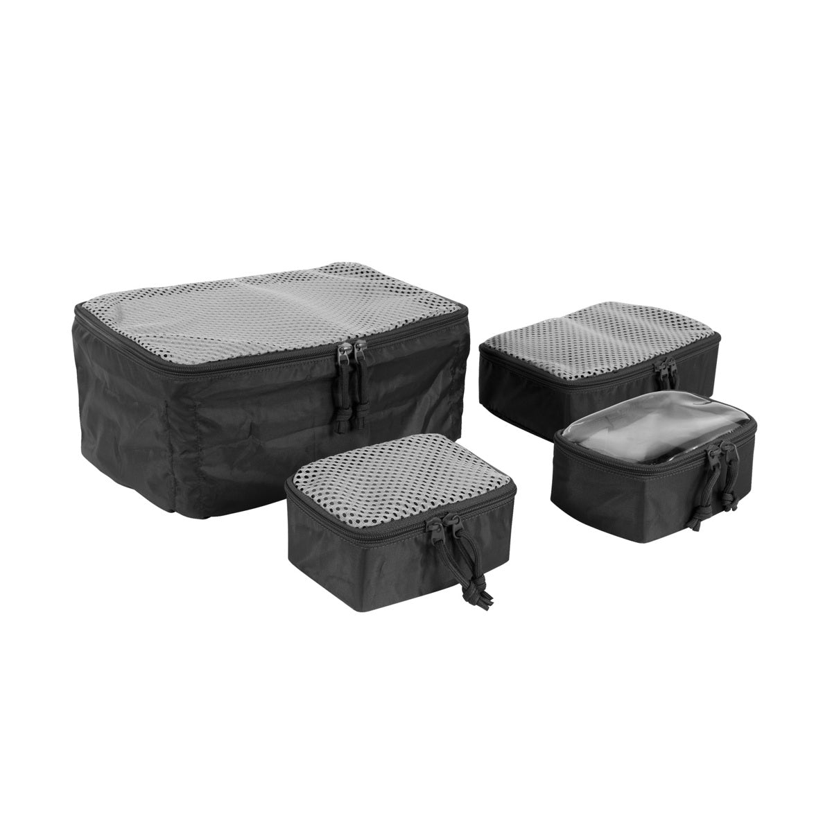 Set consists of: 2 pouches S: 15 x 11 x 6cm, 50g / 1 pouch M: 22 x 15 x 7cm, 65g / 1 pouch L (for compression): 30 x 22 x 15cm, 125g Weight: 290g (set) Material: 200 den Polyester PU, 150 den Polyester Mesh www.defenceqstore.com.au