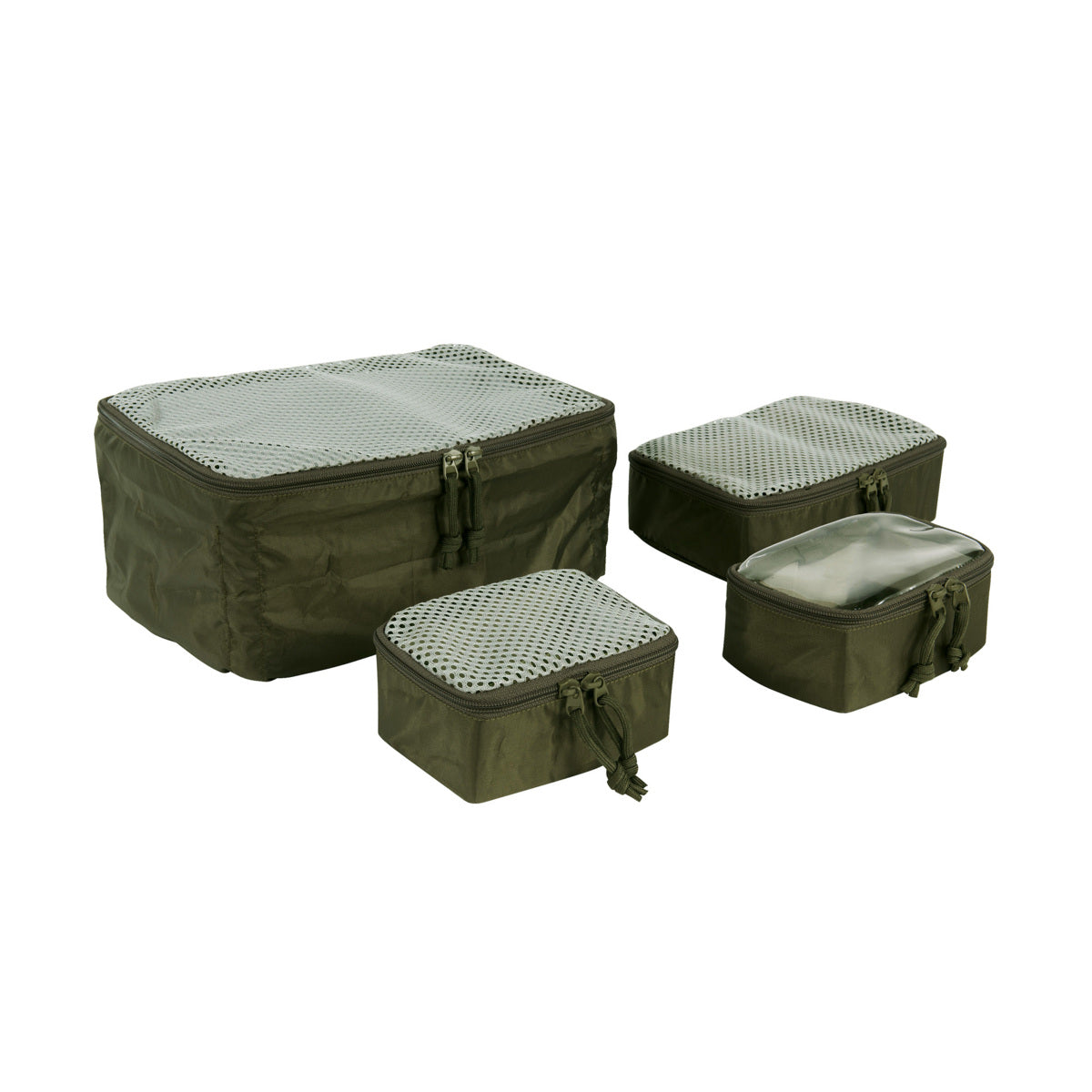 Flexible mesh pouches in three sizes, one for compression. With hook-and-loop fastening back (hooks) for modular use. The back is also covered for universal use. The set consists of four pouches. www.defenceqstore.com.au