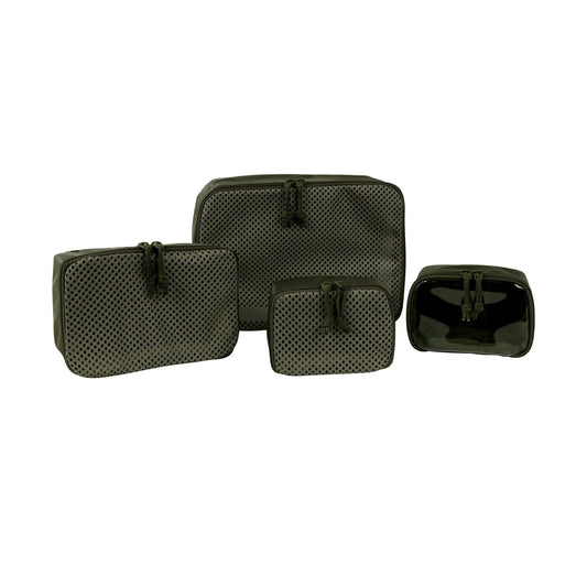 Flexible mesh pouches in three sizes, one for compression. With hook-and-loop fastening back (hooks) for modular use. The back is also covered for universal use. The set consists of four pouches. www.defenceqstore.com.au