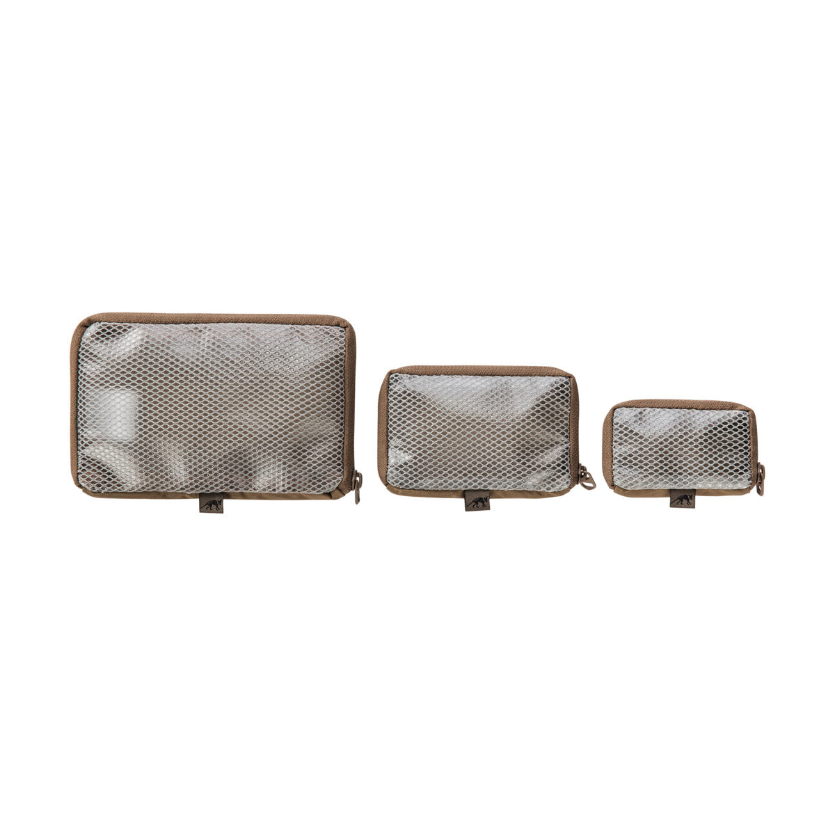 Semi-transparent storage bags with zippers in three different sizes. With hook and loop panels on the back, these bags can be easily attached to backpacks with hook and loop panels. They are particularly handy for storing cables, digital accessories, plugs, etc. The front is made of vinyl and mesh; the back is made of hook and loop. www.defenceqstore.com.au