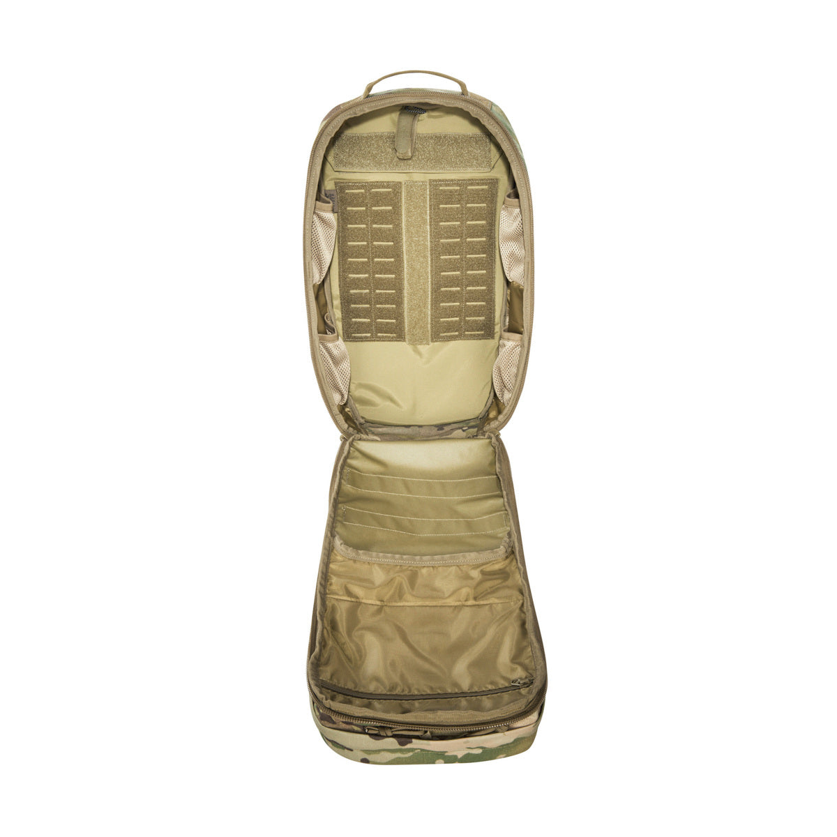 Small 22 litre universal combat backpack with two attachable pockets and elastic side pockets. It has a MOLLE hook-and-loop in the main compartment for customised modular add-ons and the laser-cut MOLLE on the front and sides mean you can combine it with other gear. www.defenceqstore.com.au