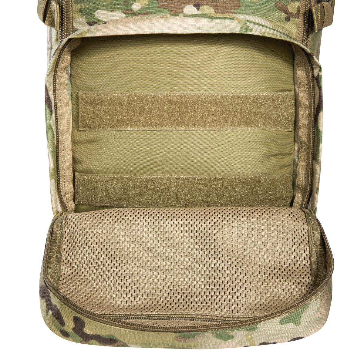 Small 22 litre universal combat backpack with two attachable pockets and elastic side pockets. It has a MOLLE hook-and-loop in the main compartment for customised modular add-ons and the laser-cut MOLLE on the front and sides mean you can combine it with other gear. www.defenceqstore.com.au