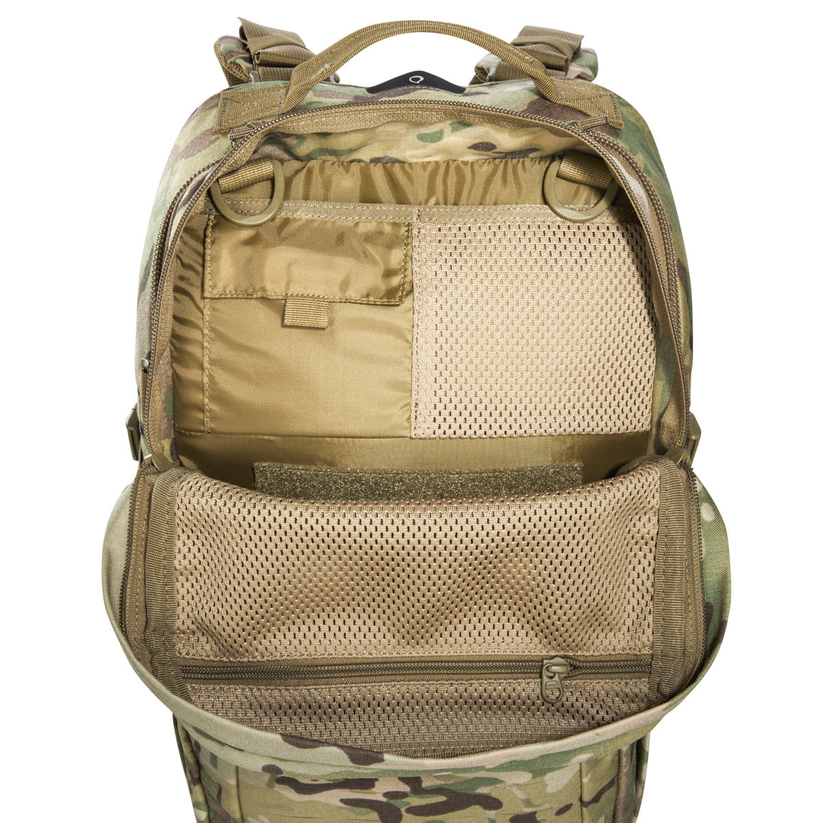 Small 22 litre universal combat backpack with two attachable pockets and elastic side pockets. It has a MOLLE hook-and-loop in the main compartment for customised modular add-ons and the laser-cut MOLLE on the front and sides mean you can combine it with other gear. www.defenceqstore.com.au