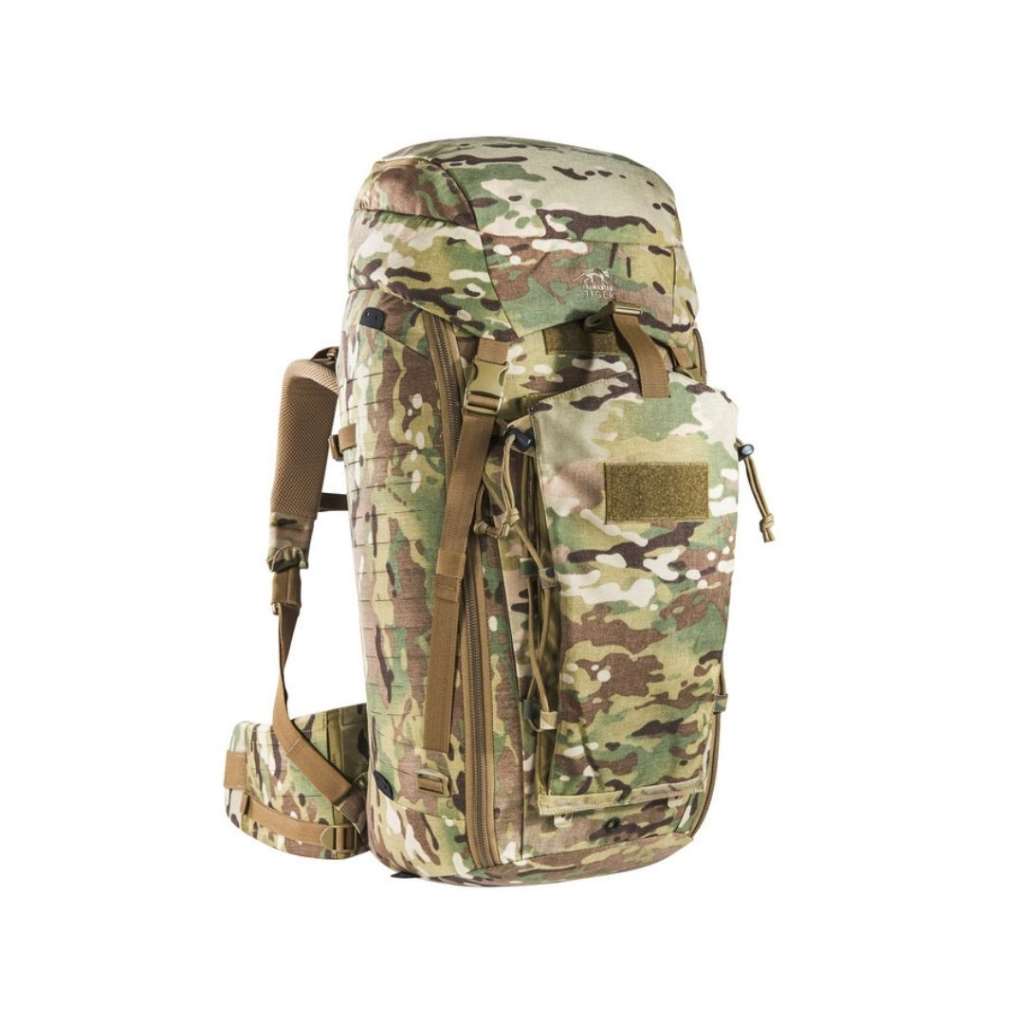 Modular, universal deployment backpack with removable lid. The front opening of this deployment backpack can be fully raised, and the lid can be height-adjusted or removed. The backpack has a lid compartment and has laser-cut MOLLE on the sides and on the front. www.defenceqstore.com.au