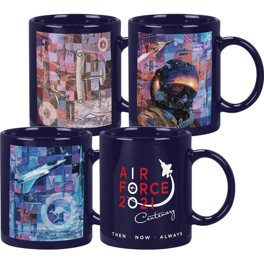 Introducing a collection of four limited edition coffee mugs featuring excerpts from the stunning artwork by Drew Harrison, commemorating the past 100 years of the Air Force. www.defenceqstore.com.au