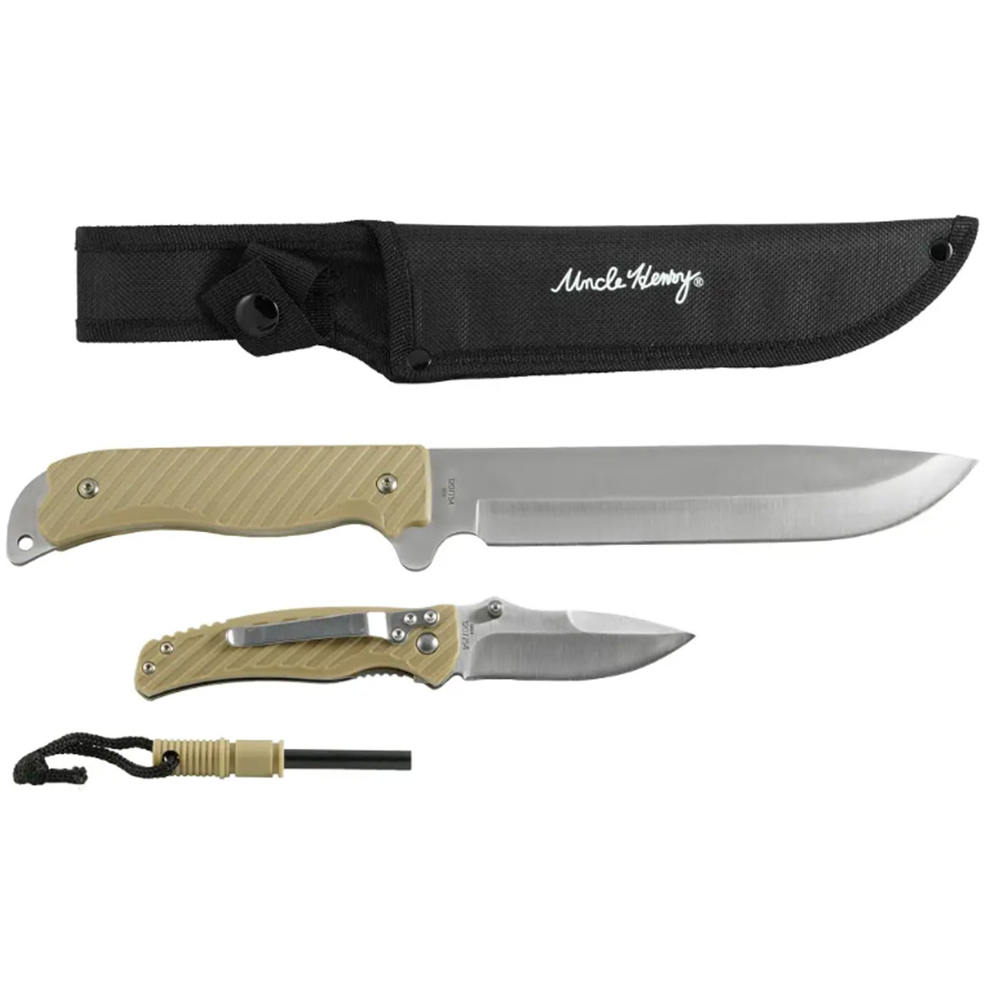 The Uncle Henry Machete Folder Set is designed for outdoor enthusiasts and campers who need reliable cutting tools on their adventures. This set includes two knives: one machete-style fixed blade and one folding blade knife. Both knives feature high-quality stainless steel drop point blades with a satin finish for durability and sharpness. www.defenceqstore.com.au