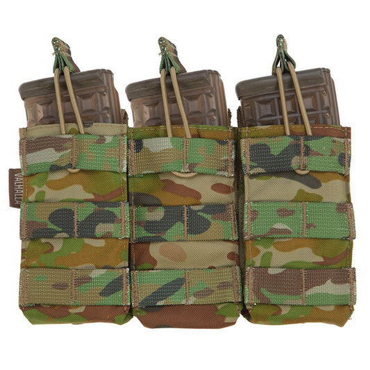 The Valhalla Triple Mag Pouch is an easy and effective way to carry your magazines. It does this by utilizing an open-top design with elastic bungee cords with easy pull tabs to hold the mags in place. www.defenceqstore.com.au