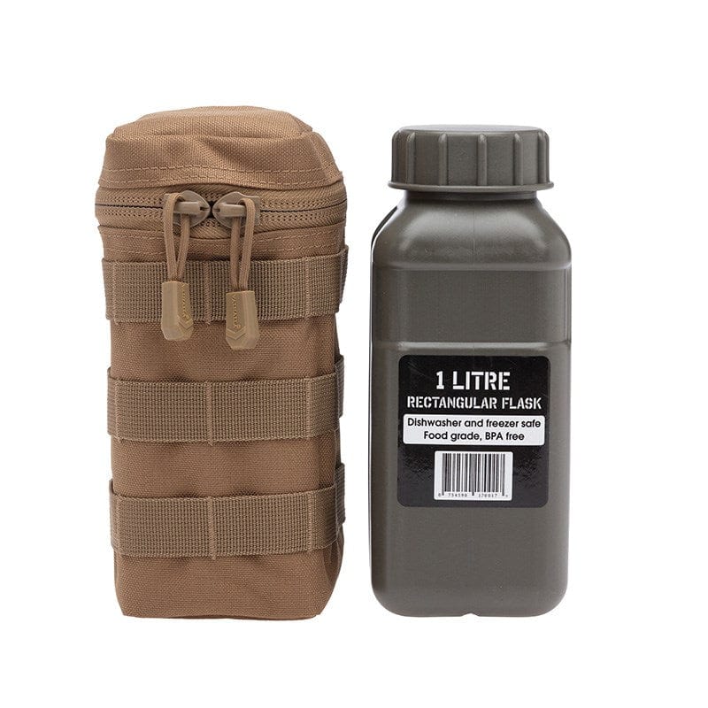 The Tactical 1 Litre Flask Pouch can accommodate the most 1 Litre flask or the Nalgene one litre wide mouth water bottle. The horizontal wrap around zip opening allows the user to easily access and stow their water bottle. www.defenceqstore.com.au