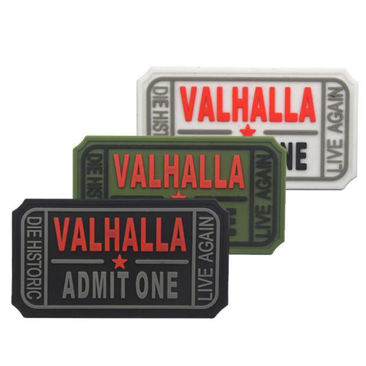 Valhalla Admit One, Die Historic, Live Again PVC Patch, Velcro backed Badge. Great for attaching to your field gear, jackets, shirts, pants, jeans, hats or even create your own patch board.  Size: 7.5x4cm www.defenceqstore.com.au