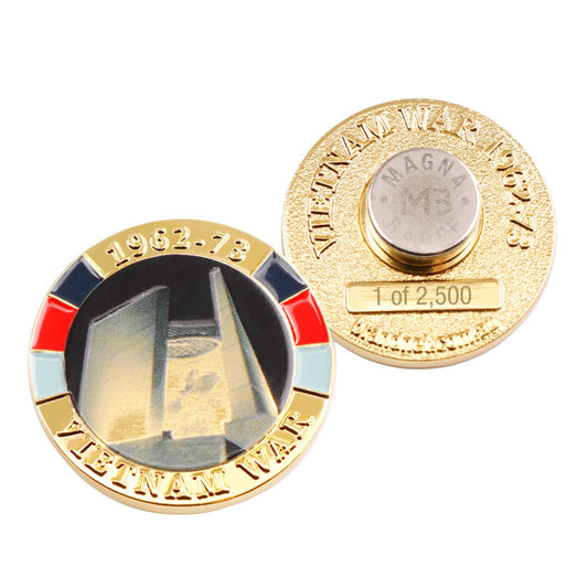 This bright and stunning MagnaBadge™ features the iconic Vietnam Veterans Memorial on Anzac Parade Canberra, enhanced with popping service colours, on a gold-plated badge. Don't put holes in your lapels, with a MagnaBadge™ you can easily attach these beautiful badges to your clothing with an easy-to-use magnet on the reverse. www.defenceqstore.com.au