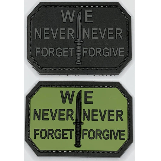We Never Forget Never Forgive PVC Patch, Velcro backed Badge. Great for attaching to your field gear, jackets, shirts, pants, jeans, hats or even create your own patch board. www.defenceqstore.com.au