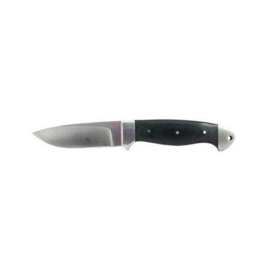 This knife features a sleek black pakkawood handle paired with a durable stainless steel blade measuring 8.25cm (3.25"). With an overall length of 20.95cm (8.25") and weighing 178g, it offers a balanced and comfortable grip. The package includes a leather sheath for safe storage and a convenient lanyard hole for easy carrying. www.defenceqstore.com.au
