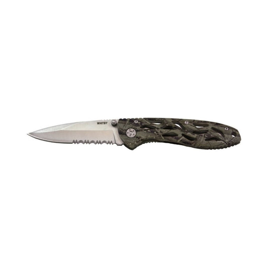 The Whitby Knife (camo) features a durable aluminium handle with a camouflage finish for a secure grip. Its 3.5" stainless steel blade includes a partially serrated edge, perfect for versatile cutting tasks. Compact when closed at 11.4cm, it weighs just 125g for easy carry. Equipped with a pocket clip, thumb stud, and lanyard hole, this knife is designed for convenience and quick access. www.defenceqstore.com.au