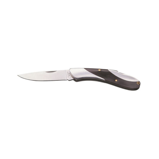 This knife features a handle crafted from stainless steel combined with wood inserts for a comfortable grip. The blade is made of stainless steel and measures 7.6 cm (3 inches) in length. When folded, the knife is 11.45 cm (4.5 inches) long and weighs 117 grams. It also includes a convenient lanyard hole for easy carrying. www.defenceqstore.com.au