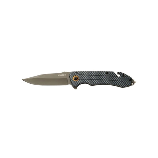 The Whitby Rescue Lock Knife is designed for quick and reliable use in emergencies. It features an aluminium handle with a sleek carbon fibre pattern and a durable 420 stainless steel blade finished in dark grey. www.defenceqstore.com.au