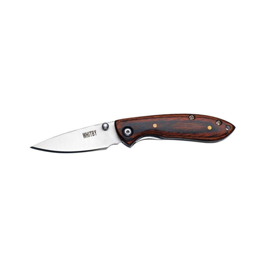 This compact Whitby Small Knife features a reliable liner lock and allows for easy one-handed opening. Crafted with a pakkawood handle and a stainless steel blade measuring 4.45 cm (1.75"), it offers durability and precision. When closed, it measures just 7 cm (2.75") and weighs only 31 grams, making it lightweight and portable. Additional features include a convenient lanyard hole and thumb stud for quick access. Perfect for everyday carry and outdoor tasks. www.defenceqstore.com.au
